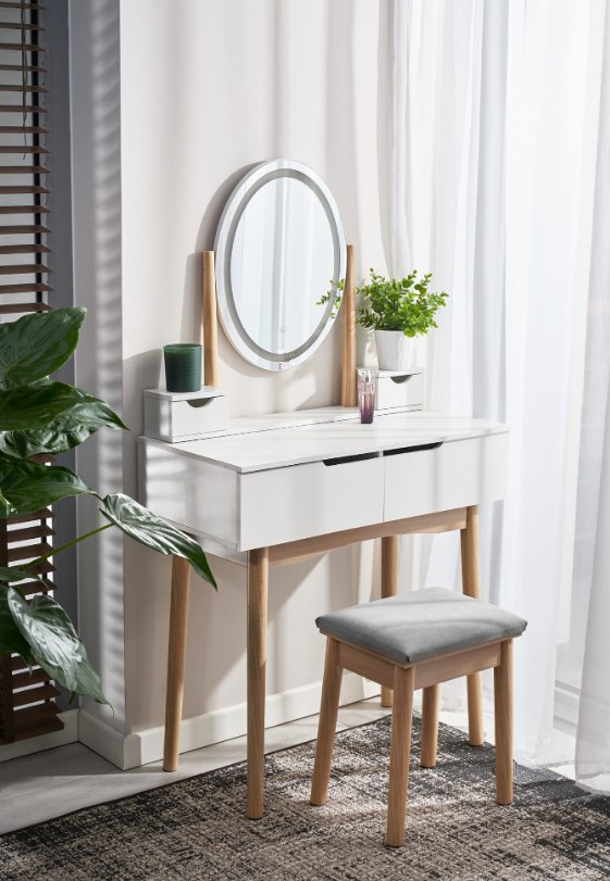 Toaletka z taboretem i owalnym lustrem LED